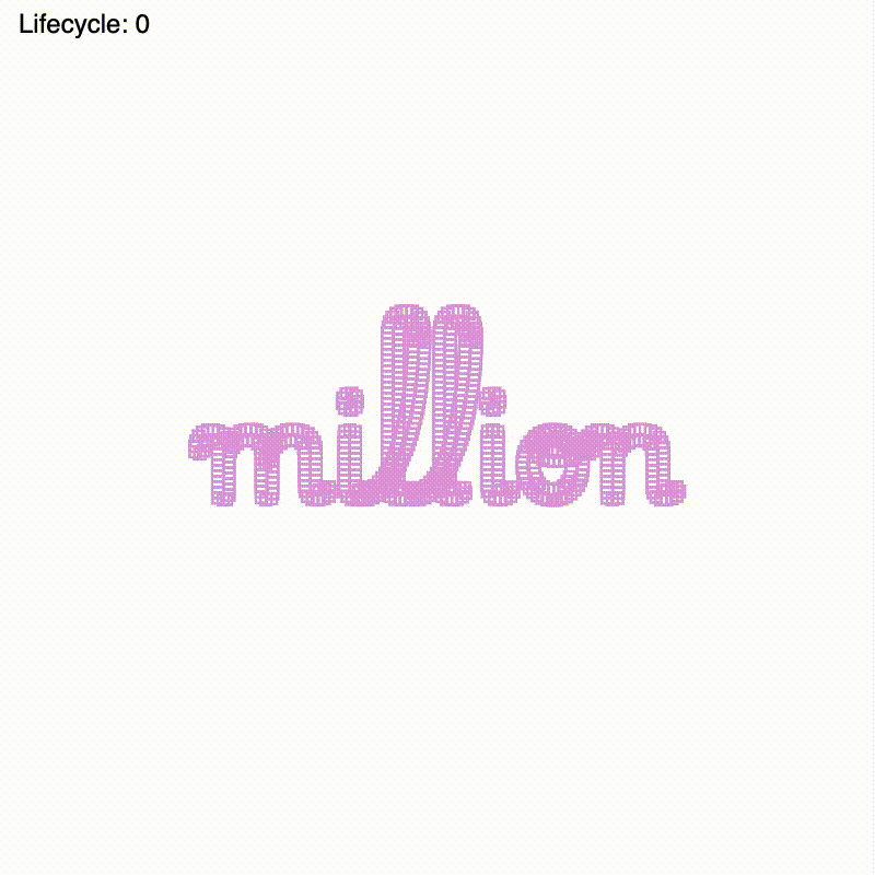 The word "million" is written in cursive on screen and the text is made out of tiny outlined and unfilled squares. As time progresses the squares move in random directions and the word essentially blurs out