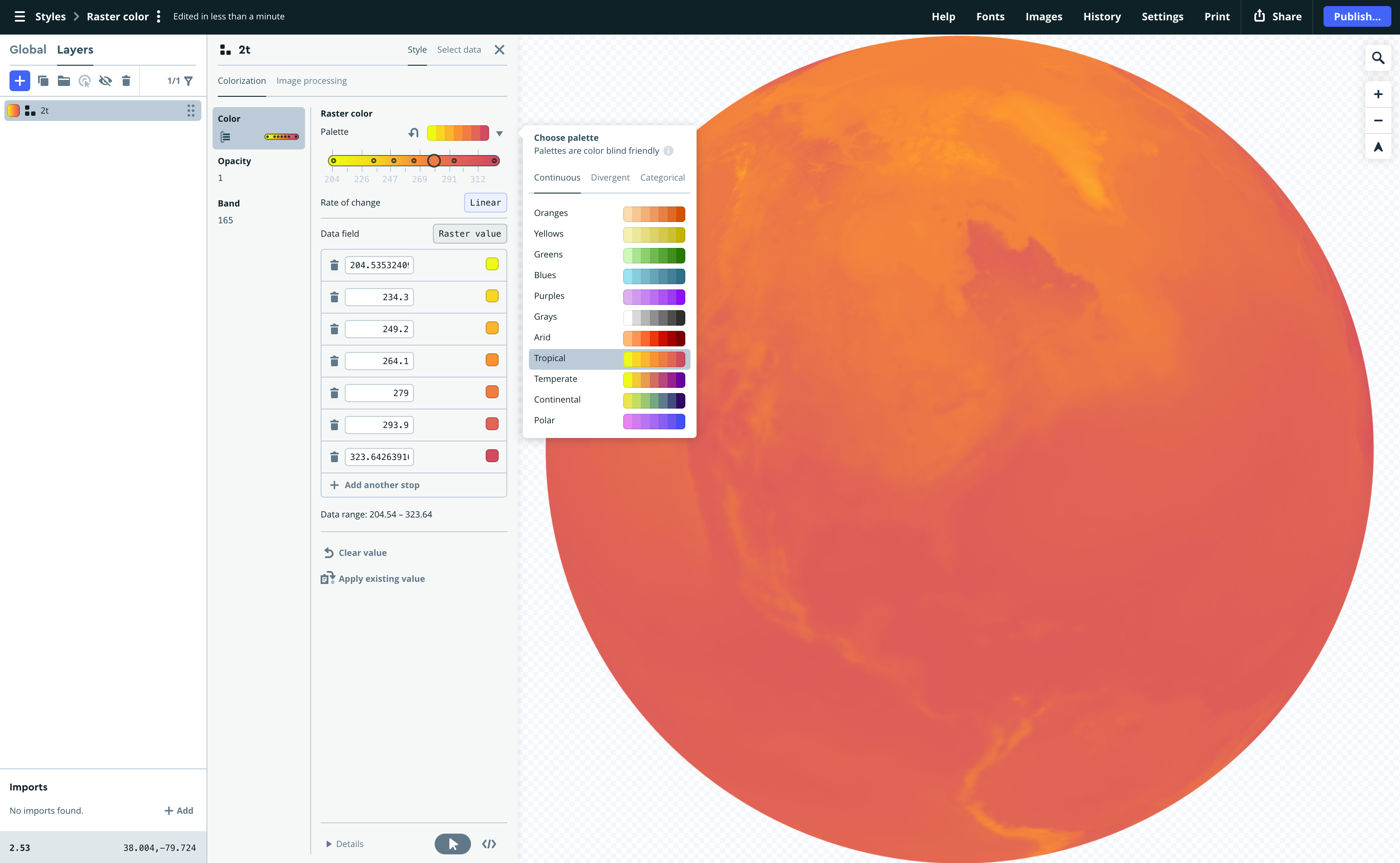 Mapbox Studio raster colorization feature. A map on the right shows temperatures with a warm color palette. The product UI shows a list of color stops with different values.